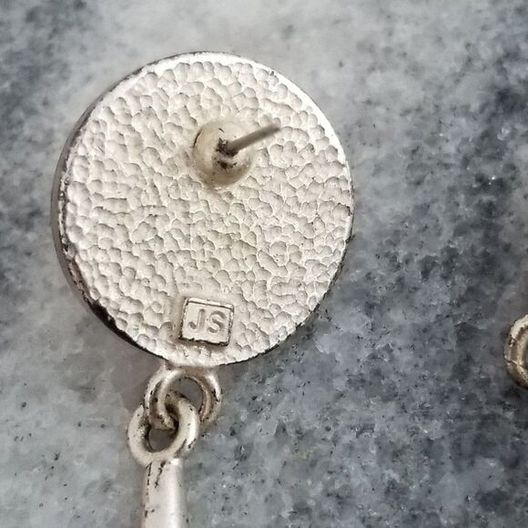 Vintage JS Post Earrings with Long Dangle Drop, Silver Tone, Retro, Estate - Picture 3 of 5